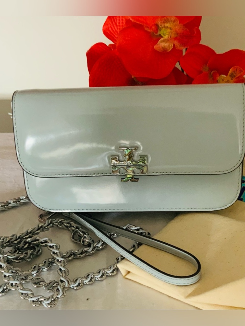 NWT BRITTEN ABALONE WALLET ON A CHAIN CROSSBODY W/WRISTLET STRAP LIGHT SEA